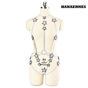 SPENSEMENTS Silver Goth Pentagram Set Punk Pole Dance Harness Bra Rave Star Garter Belt Sexy Lingerie 230307