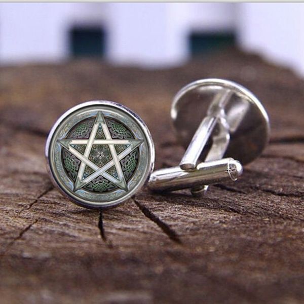 SUTEYI nouveau arrivé cristal hommes boutons de manchette gris pentagramme Art impression motif bouton de manchette verre Wiccan argent couleur boutons de manchette bijoux