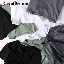 SuyaDream Hommes T-shirts solides Mélange de coton et de soie Plaine O Cou Chemises à manches courtes Summer Basic Top 210706