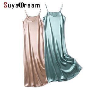 Suyadream vrouw maxi jurk 100% zijden satijn mouwloze solide spaghetti riem lange jurken elegante chique slip jurk 210409