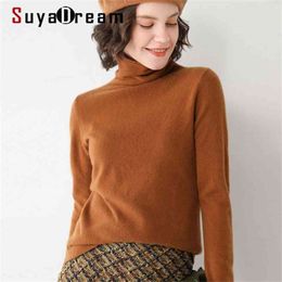 SuyaDream Mujer Suéteres de lana sólida 100% Lana Cuello alto Jerseys lisos Otoño Invierno Camisas de fondo Prendas de punto 210812