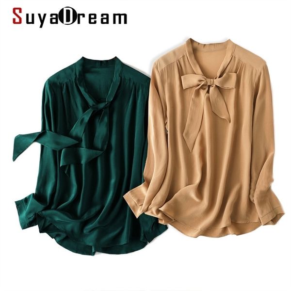 SuyaDream Mujeres Chic Blusa 100% Crepe de seda real Manga larga Sólido Cuello de arco Blusa Camisa Office Lady Camisa de otoño 210410