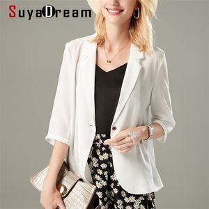 SuyaDream Femmes Soie Blazers 100 Soie Simple Bouton 3/4 Manches Solide Noir Bureau Lady Blazers Printemps Eté LJ201021