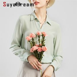 Suyadream Women Silk Blouses 100% Echte Silk Solid Long Sleved Basic Button Office Lady Blouse Shirt Chic Shirt 210401