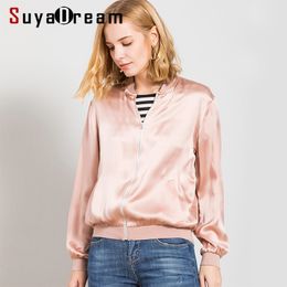 SuyaDream Damen-Seidenjacke, 19 mm, 100 % Seidensatin, rosa, einfarbig, Reißverschluss, Knopfleiste, Jacken, Herbst-Winter-Oberbekleidung 201026