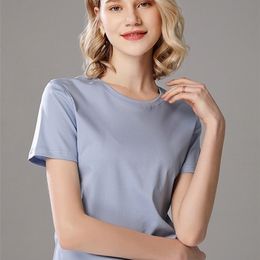 SUYADREAM VROUWEN SOLID T-shirts Zijde Katoen Blend Plain O Hals Korte Mouwen Tee Zomer Snoep Kleuren Basic Cosy Top 220402