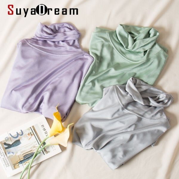 SuyaDream Femmes T-shirt Real Silk Basic Col Roulé Manches Longues Solid Bottoming-shirt AUTOMNE HIVER Vert Taille Plus Spandex top 210302