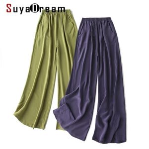 Suyadream femmes pantalons à jambes larges 100% vraie soie solide taille élastique longue bureau dame printemps été pantalon noir 211115