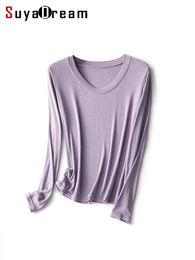 SuyaDream femmes laine et soie mélange T-Shirt col rond manches longues basique T-Shirt monochromatique rose blanc automne hiver 240311