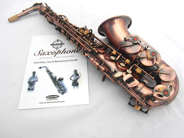 SUZUKI E Saxofón alto plano Instrumento musical de latón de alta calidad Hermoso rendimiento de superficie de cobre rojo antiguo Sax con boquilla