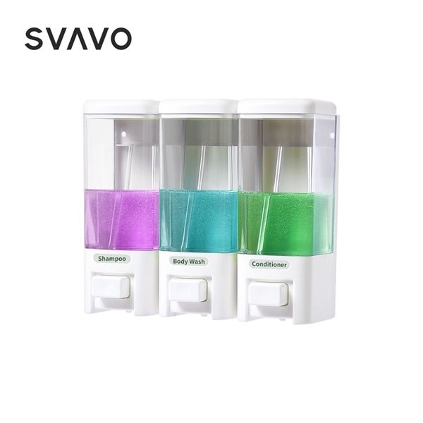 SVAVO 500ml * 3 Distributeur de savon triple mural Distributeur de savon liquide de grande capacité Distributeur de savon manuel en appuyant sur la main Y200407