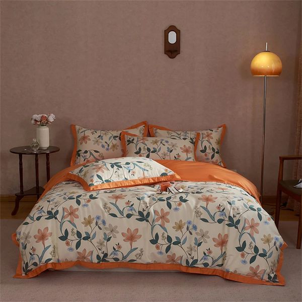 Svetanya Orange pastorale fleurs feuilles nordique ensemble de literie en coton égyptien linge de lit reine roi taille housse de couette drap-housse 240131