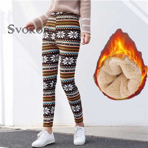 SVOKOR Impreso Warm Fleece Christm Leggings Winter Thick Casual Plus Velvet Cold-Resistant Girl High Waist Stretch Legging 211204