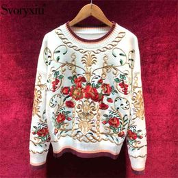 Svoryxiu alta calidad mezcla de lana pulóver suéter de las mujeres de lujo floral bordado otoño invierno pasarela gruesa tejer puente T200101