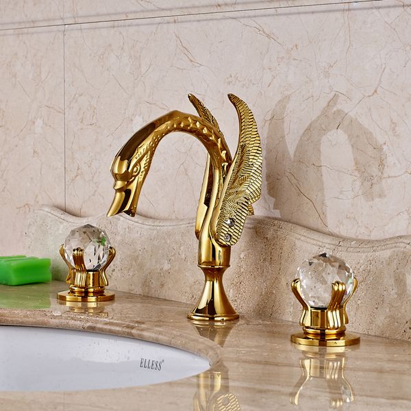 Swan Basin Robinet Golden Deck monté 3 trous répandus Récipient de salle de bain mélangeur de lavabo
