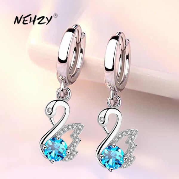 Pendientes de aro de cisne, joyería de moda para mujer de plata de ley 925, borla larga de circón de cristal blanco azul