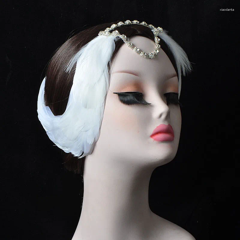 Swan Lake Ballet White Black Hair Feather Headband With Diamond Rhinestone Headdress Headpiece