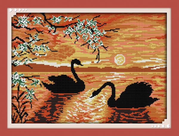 Swan Lake birds puesta de sol decoración del hogar pintura, punto de cruz hecho a mano herramientas de artesanía bordado conjuntos de costura impresión contada sobre lienzo DMC 14CT / 11CT