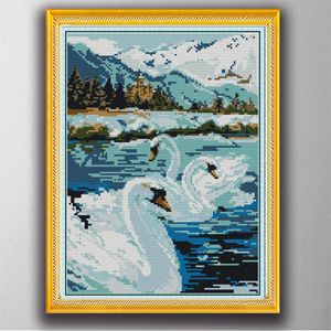 El lago de los cisnes hecho a mano, herramientas artesanales de punto de cruz, juegos de costura bordada, impresión contada en lienzo DMC 14CT/11CT