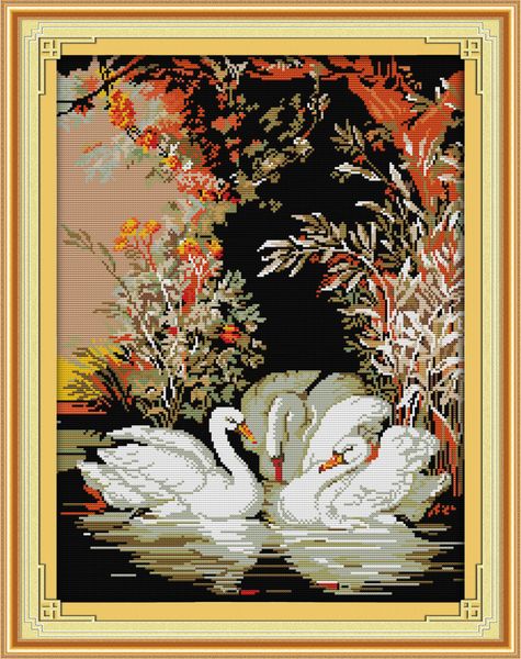 Cisnes en el lago Herramientas artesanales de punto de cruz hechas a mano, bordado, juegos de costura, impresión contada en lienzo DMC 14CT 11CT, pinturas para decoración del hogar