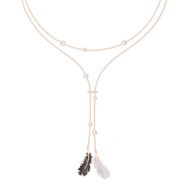 Swarovski Halskette Designer Damen Top Qualität Anhänger Halsketten Schwarz und Feder Quaste Halskette Weibliches Element Kristall Geheimnisvolle Y-förmige Blattfeder Dose