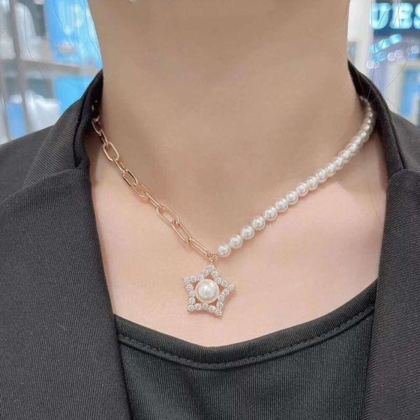 Collar de joyería Swarovskis, collar asimétrico con emblema de estrella de los deseos, collar de perlas de estrella de cinco puntas a la moda