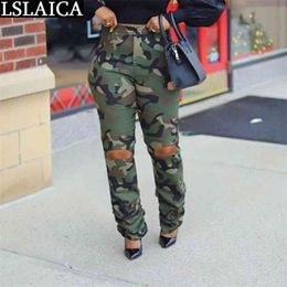 Sweatbroek voor vrouwen Camouflage Gat Ruched Broek Casual Elastische Taille Streetwear Mode Spodnie Dresowe Damskie 210515