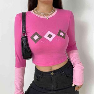 Sweat Y2K Rose Crop Top Argyle T-shirt pour filles Femmes mignonnes Panneaux Harajuku Coton T-shirt à manches longues Pulovers Femme 210415