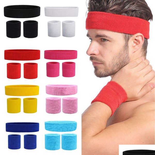 Sweatband Sweatband 3Pcsset Hommes Sport Bandeau Stretch Élastique Sport De Plein Air Sweat Bracelet Femmes Gym Courir Tennis Headwrap Drop Dhtdi