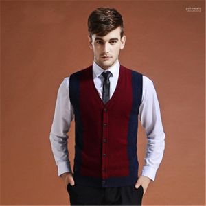 Suéter cárdigan con botones, chaqueta de punto, chaleco para hombre, lana sin mangas, moda elegante, Patchwork, rojo, gris, invierno 2022, Guin22