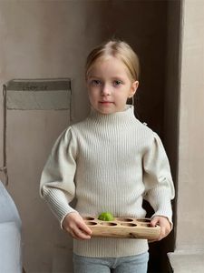 Pull enfants Vêtements Pouffle Puffeuse en laine ci-dessous des filles à moitié haut collier rétro à rayures plissées simples 231221