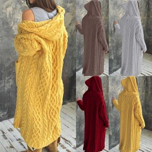 Suéter abrigo cárdigan mujer talla grande Color sólido manga larga trenza tejido con capucha abrigo suelto señoras suéteres 210922