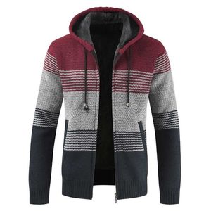 Pull manteau hommes hiver épais chaud à capuche Cardigan pulls hommes rayé laine doublure fermeture éclair polaire manteaux hommes 211006