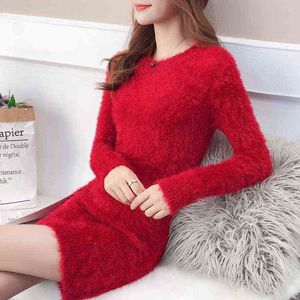 Trui jurk gebreide kerst winter jurk vrouwen bodycon lange mouw warme jurken voor vrouwen partij 2021 pluizige mini kleding rode G1214