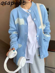 Pull Japon Style Chic Mode Lâche Automne Hiver O Cou À Manches Longues Bleu Ciel Blanc Nuages Imprimer Veste Cardigan Tricoté 210610