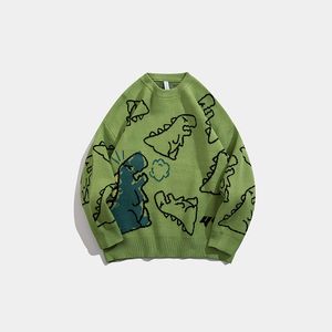 Suéter de punto Harajuku para hombre, ropa informal estilo Hip Hop, jersey de dibujos animados de dinosaurios, cuello redondo, suéteres informales de gran tamaño para parejas