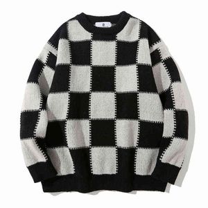 Camisola masculina streetwear retro xadrez jacquard hip hop outono novo pull over o-pescoço oversize casal casual suéteres masculinos t220730