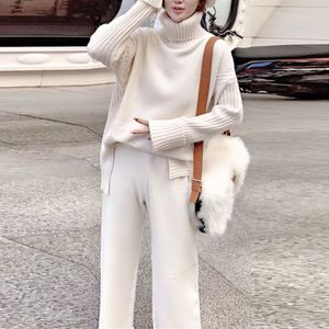 Two Piece Dress Sweater Set Women Winter Knitted Suits 2 Soild Turtleneck + Loose Trousers Office Lady Suit 2021 Warm Pullover