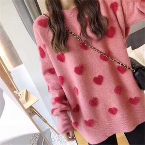 Trui vrouwen losse jas val winter liefde trui lange mouwen luie stijl netto rode mode retro gebreide top 211216