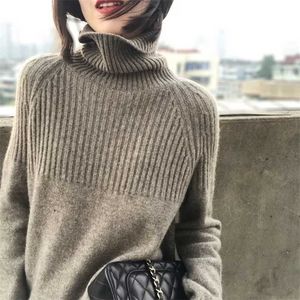 Trui Dames Turtleneck Pullovers Solid Stretch Gestreepte Koreaanse Top Knit Plus Size Harajuku Lente Herfst Kleding Beige Khaki 211103