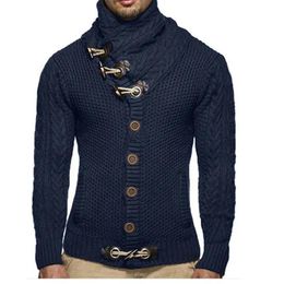 Suéteres 2019 cárdigan suéteres abrigos de punto para hombre suéteres delgados casuales hombres cuernos botón cobertura gruesa cuello alto moda para hombre