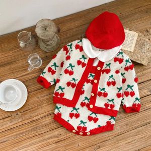 Ponts 2022 Automne Nouveau bébé fille Cherry Coton Coton Infant Treen BodySuit Enfants Sweet Tristhed Sweater Mash Fashion Girls Vêtements