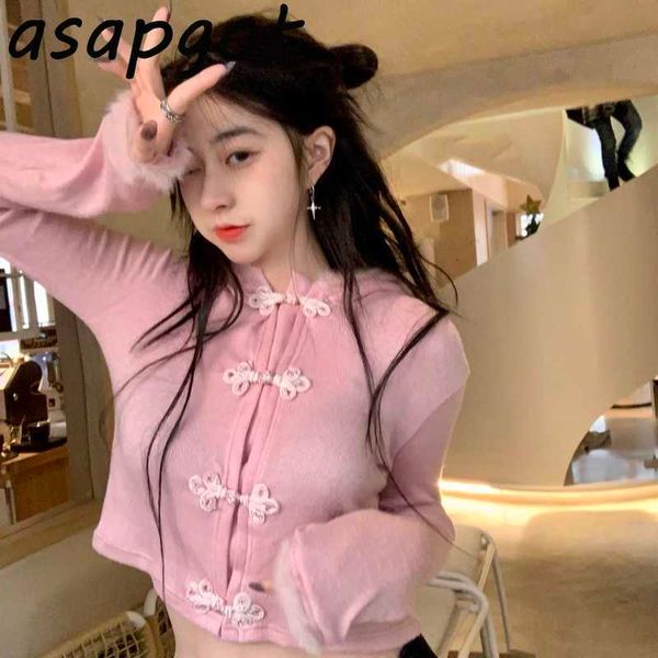 Chandails 2style coréen chic sexy mince patchwork rose veste tricotée à capuche courte laine double boutonnage cardigan filles douces 210610