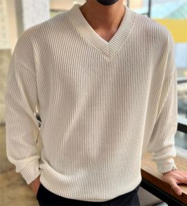 Sweaters Fashion Autumn Fashion Sweaters Flower Men Manga larga Man Vneck Solid Slim Fit Sweaters Knitting Tops Pull Homme