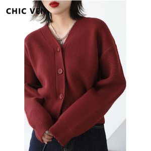 Truien chique Ven Koreaanse mode dames trui wijn rood gecontracteerd korte v kraag lange mouw wollen vest voor vrouwen top herfst winter