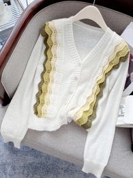 Suéteres Circyy Cardigan suéter de mujer blanco volantes Tops coreano Chic moda cuello en V ropa de punto primavera otoño Rosa Patchwork Casual