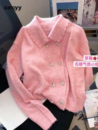 Pullover Circyy Zweireiher Strickjacke Rosa Süße Frauen Pullover Peter Pan Kragen Koreanische Mode Nette 2022 Frühling Herbst Gestrickte Kleidung