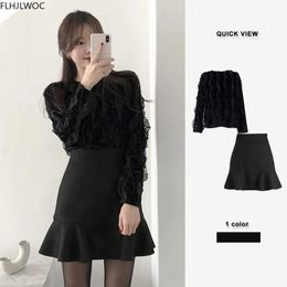 Chandails mignons Mini jupes nouveaux vêtements féminins chauds femmes coréen Preppy Style automne basique taille haute noir une ligne jupe à volants