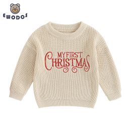 Sweaters Ewodos Pasgeboren babymeisjes Kerst gebreide trui ronde nek beige lange mouw brief print pullover gebreide baby's trui