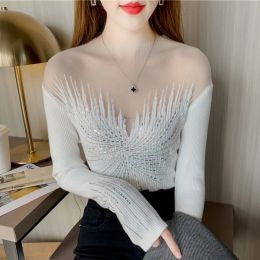 Suéteres Otoño Invierno ropa coreana suéteres de punto con cuello simulado Chic Sexy empalmado malla diamantes mujeres pulóver manga larga taladro Tops